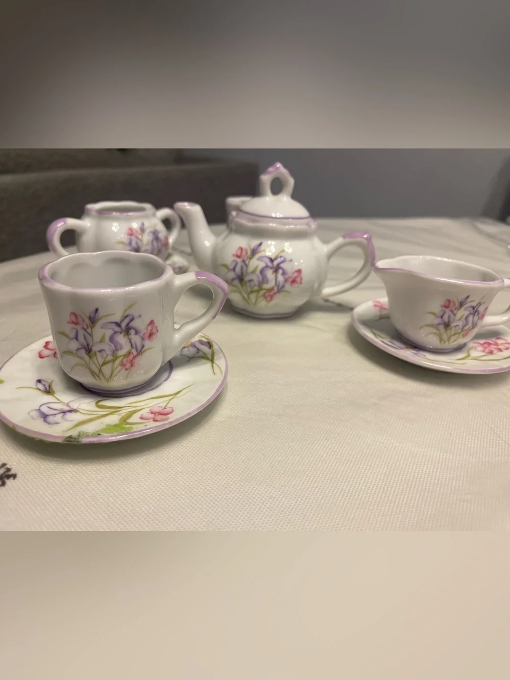 Delton Products Porcelain Miniature Tea Set Purple Floral Iris